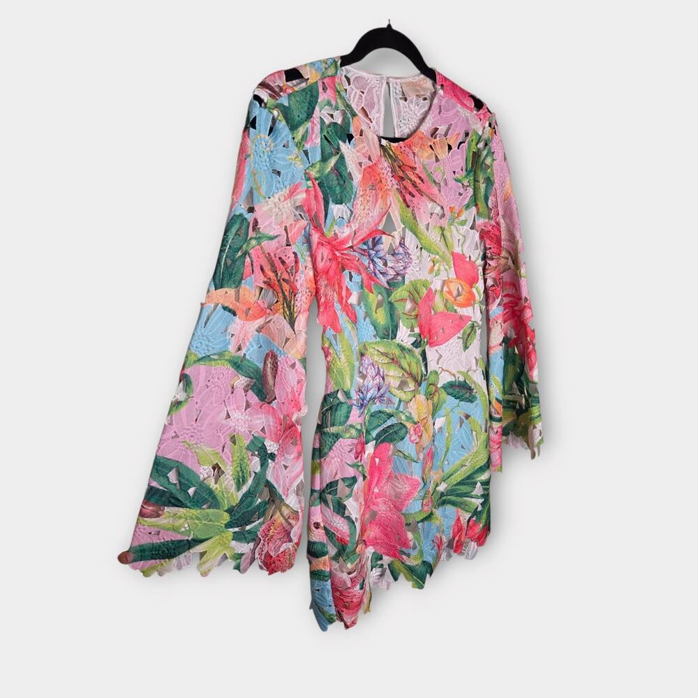 Rococo Sand Long Sleeve Tropical Floral Mini Dress Open Back Women's Medium